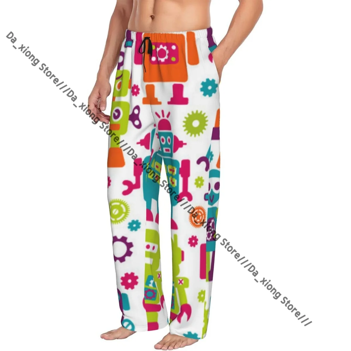 Mens Casual Pajama Long Pant Loose Elastic Waistband Robotrs Pattern Cozy Sleepwear Home Lounge Pants
