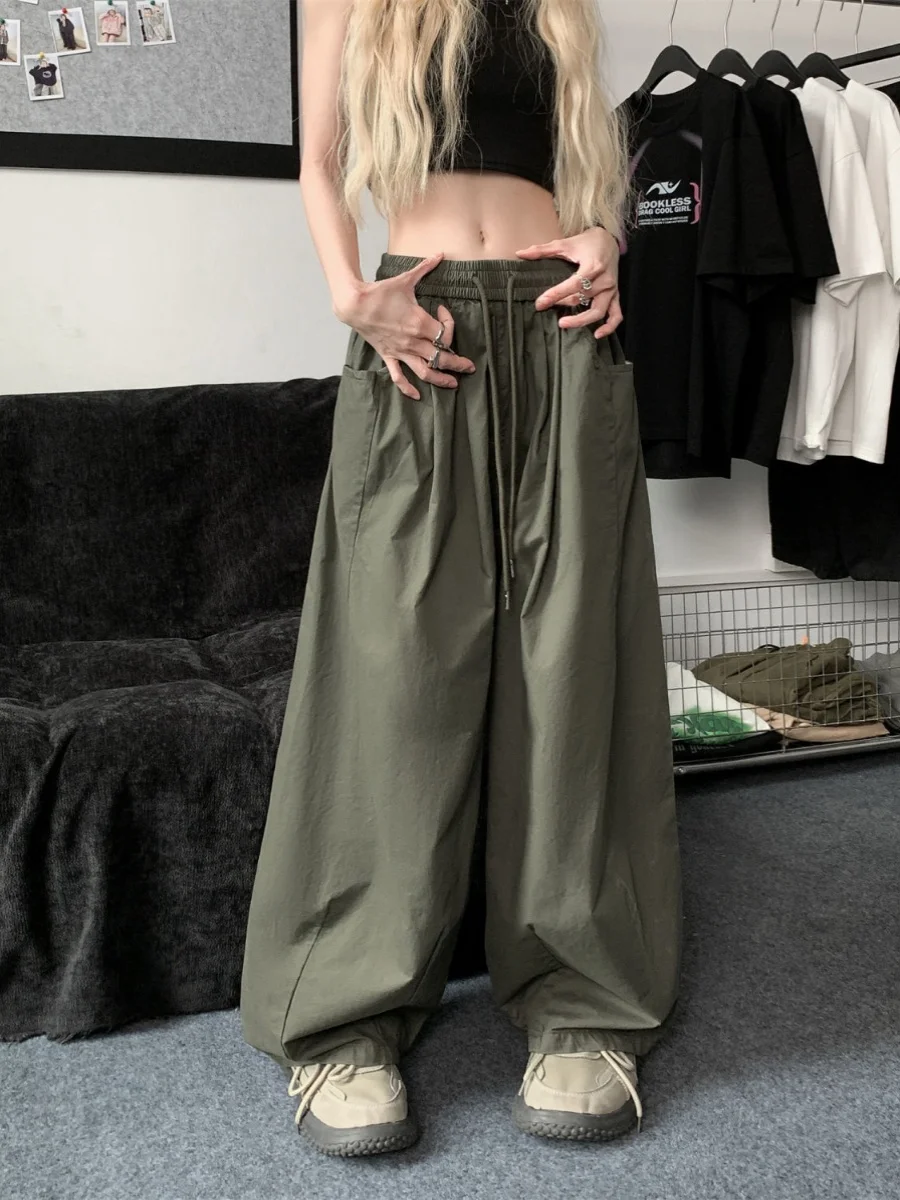 

Loose High Waist Dstring Wide Leg Long Pants American Retro Lantern Pants Workwear Summer Men's Clothing Large Size 300 Po...