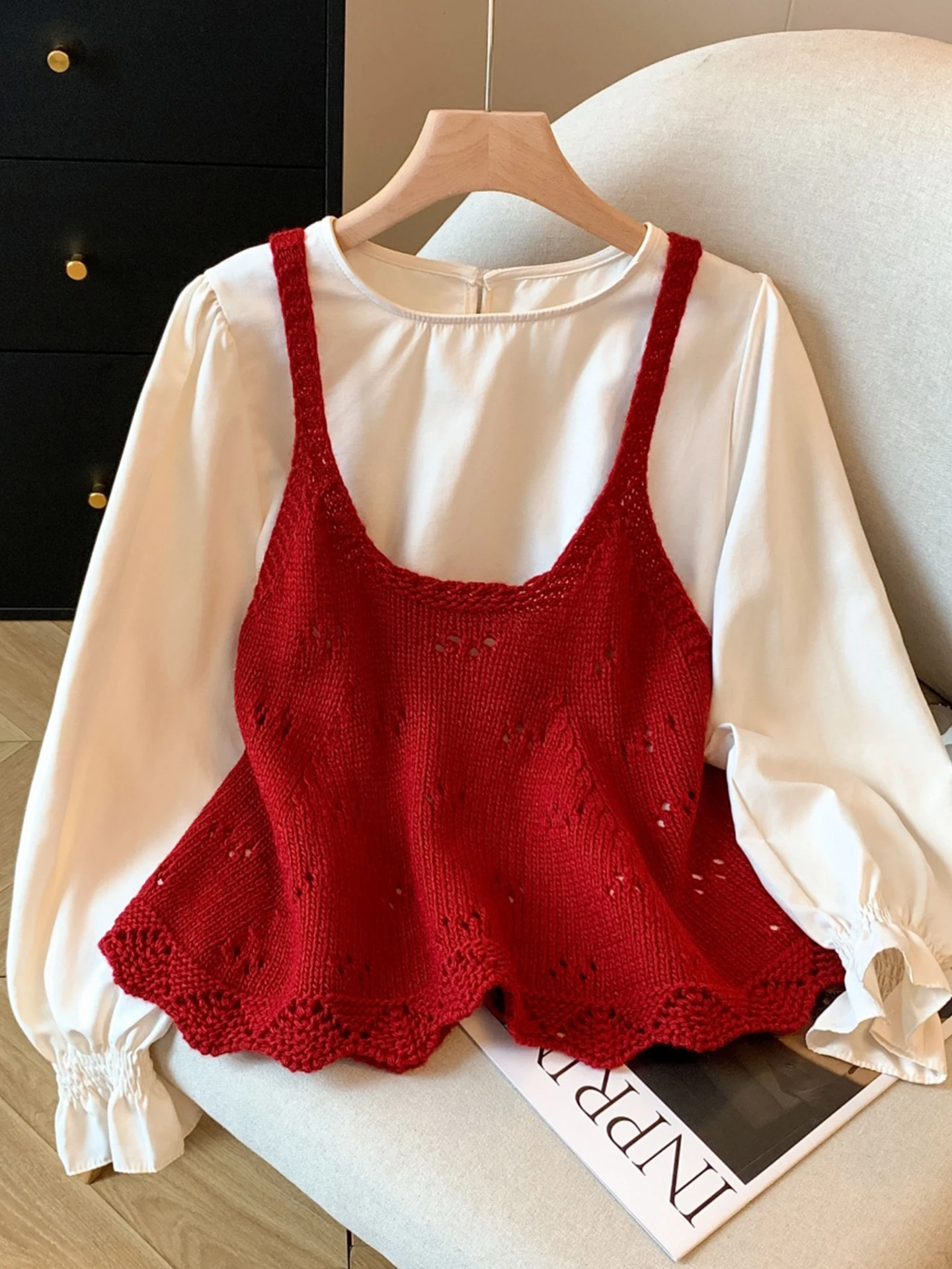 

Корейский вязаный длинный све irt, женский милый топ на бретелях для похудения, многослойная одежда, весна-осень