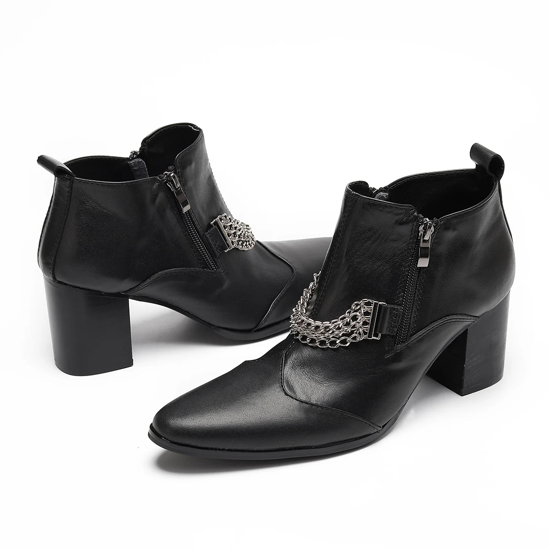 섹시한 정품 가죽 체인 남성 하이힐 슈즈 큰 사이즈 뾰족코 앵클 부츠 드랙퀸 파티 쇼 댄서 하이힐 슈즈