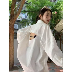 MEXZT White Sun Proof Shirts Women Streetwear Sexy Hollow Out Blouses Harajuku Korean Oversized Long Sleeve Sun Protection Tops