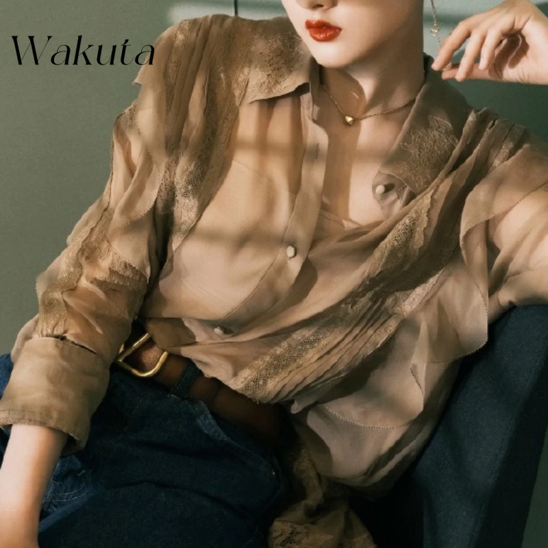 

WAKUTA Japanese Classic Retro Round Neck Long Sleeved Brown Chiffon Shirt Fashion Harajuku Style Commuting Versatile Y2k Blouses