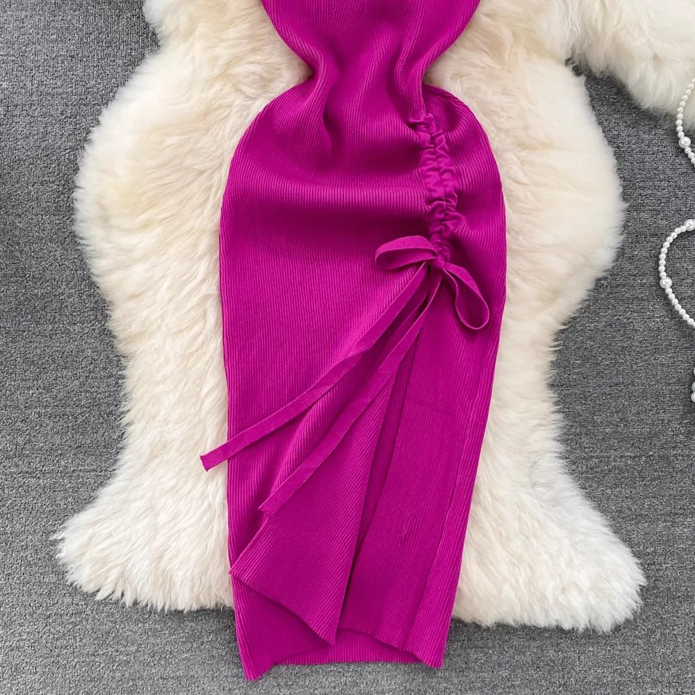 Yuoomuoo Frauen Kleid 2024 Sommer Mode sexy Bandage Split gestrickt Bodycon Kleid lässig ärmellose weibliche Streetwear Outfits
