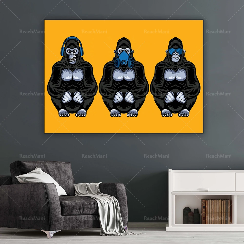 Three Monkeys Canvas Art, 3 Smart Monkeys Yellow Blue Pop Animal Modern Funny Print Home Decor Poster