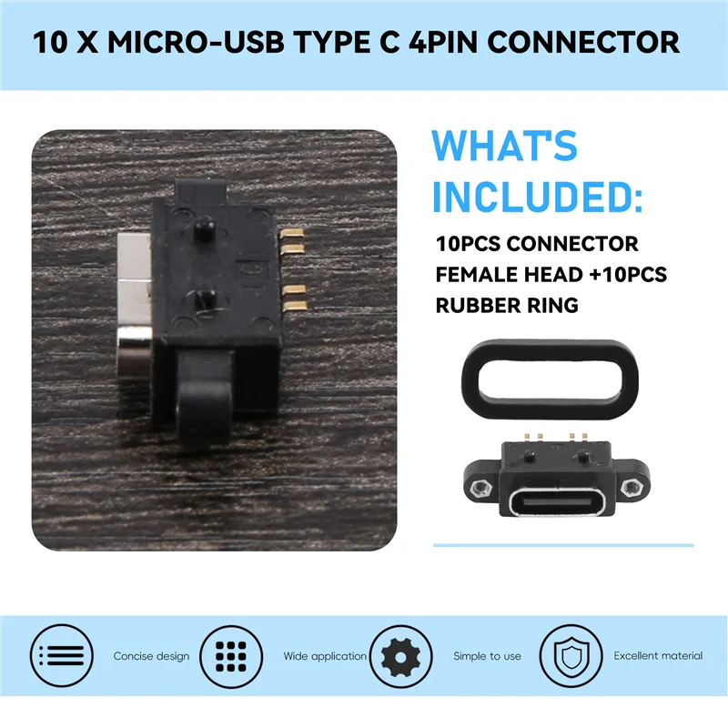 【تخفيضات سريعة】10 قطعة Micro-USB TYPE C 4Pin مقاوم للماء أنثى USB C منفذ مقبس مع ثقب المسمار واجهة شحن الطاقة USB Connec