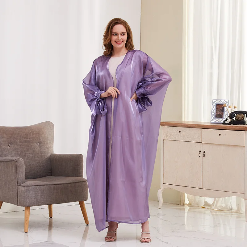 Women Eid Muslim Abaya Ramadan Morocco Cardigan Dubai Solid Puff Sleeve Abayas Kaftan Vestidos Arab Belt Long Robe Casual 2024