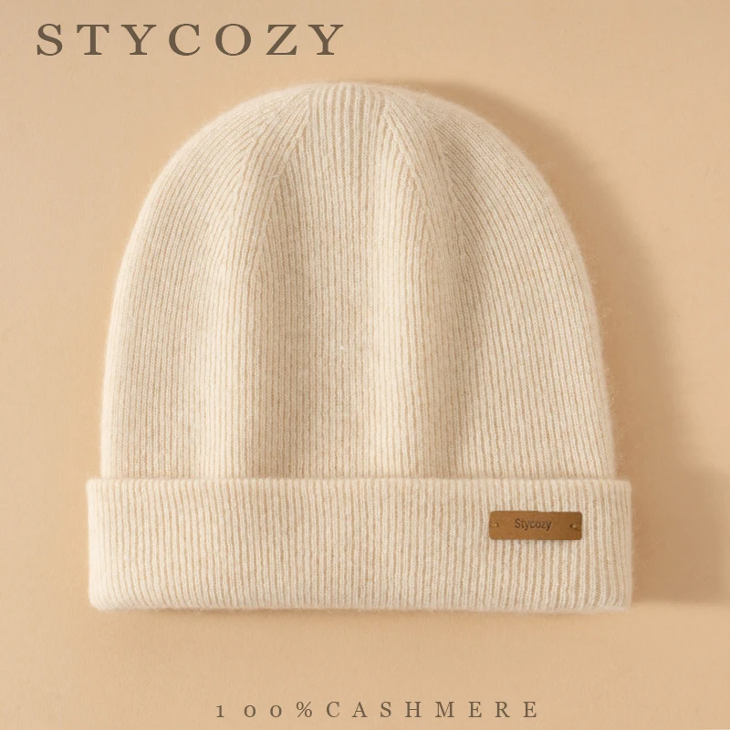 Unisex 100% Cashmere Rib Knit Double Layer Cuffed Beanie Hat Winter Warm Multi‑Color Knitted Skullies Cap Daily Wear Men Women