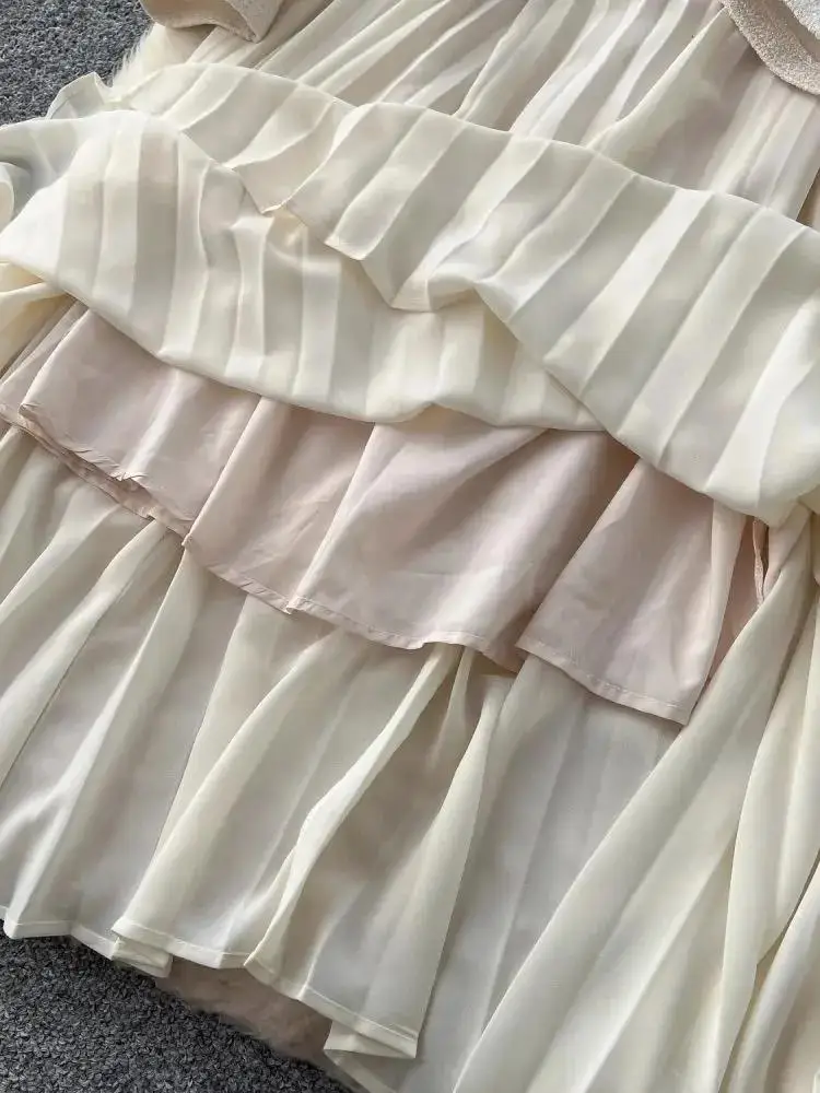 Women's Square Collar Diamonds Buttons Belt Vintage Pleated Dresses New Autumn Winter Tweed Patchwork Chiffon Long Robe Vestidos