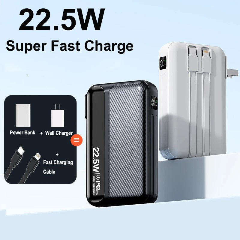 Power Bank 20000mAh Built in Cable Plug Wall Charger Powerbank 22.5W Fast Charging for iPhone 16 Samsung Xiaomi External Battery