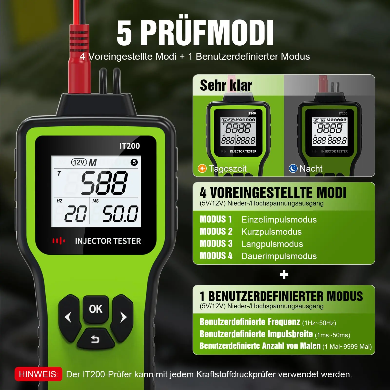 Universal Fuel Injector Tester Cleaner Kit, Fuel Injector Tester 4 Preset & 1 Custom Modes, Dedicated Injector Connectors And 12V/5V Output Power For DIY Fuel Injector Cleaning