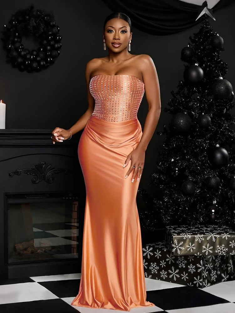 Sexy Rhinestone Strapless Prom Dress Long Evening Gown for Wedding Guest Off Shoulder Party Elegant Mermaid Maxi Dress Women