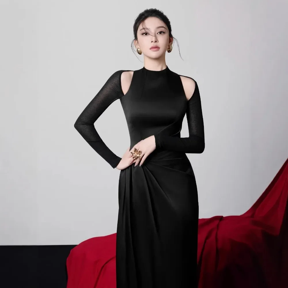 Elegant Cold Shoulder Long Sleeve Midi Dress Sexy Ruched Draped Bodycon Gown for Evening Party Club Wedding Guest Birthday Prom