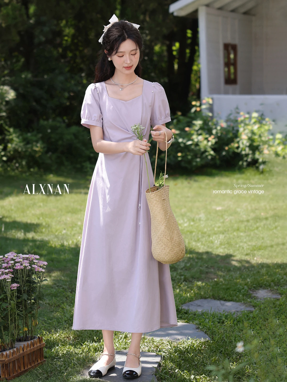 

ALXNAN Women's Dress Purple Elegant Square Neck Long Puff Sleeves Holiday Dress 2025 Summer Casual Party Ladies Clothing L55925