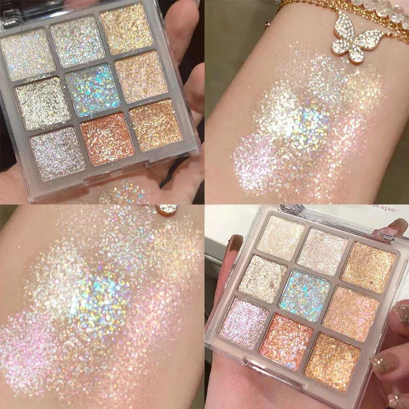 Palette di ombretti glitterati da 9 colori Colore terra Ombretto perlescente Shimmer Highlights Paillettes scintillanti Trucco occhi blu viola