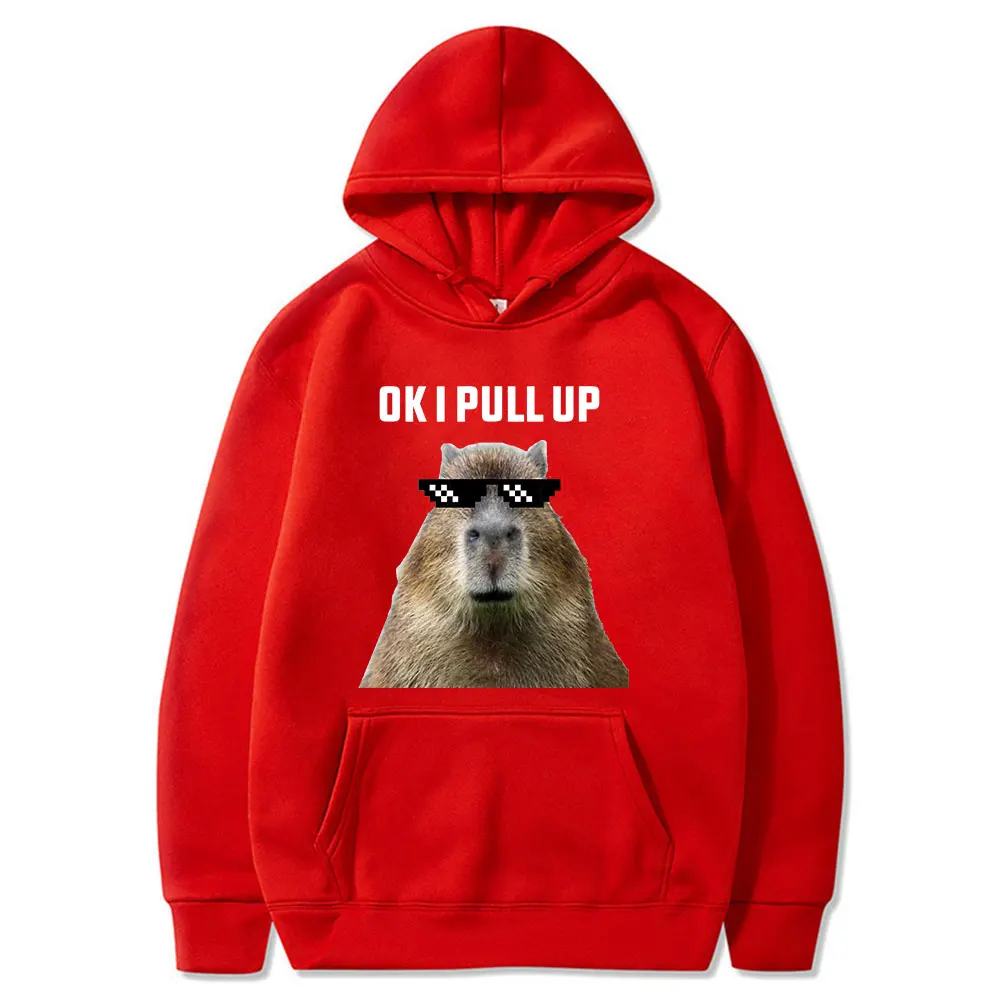 Funny Ok I Pull Up Capybara Print Hoodie Men\'s Fashion Casual Oversized Hooded Sweatshirts Gothic Pullovers Clothes for Teens