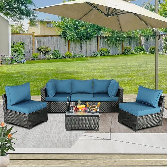 Juego de muebles de mimbre para Patio exterior, sofá y sillas de mimbre de 6 piezas con cojines para exteriores, Patio trasero, césped, jardín, porche, junto a la piscina