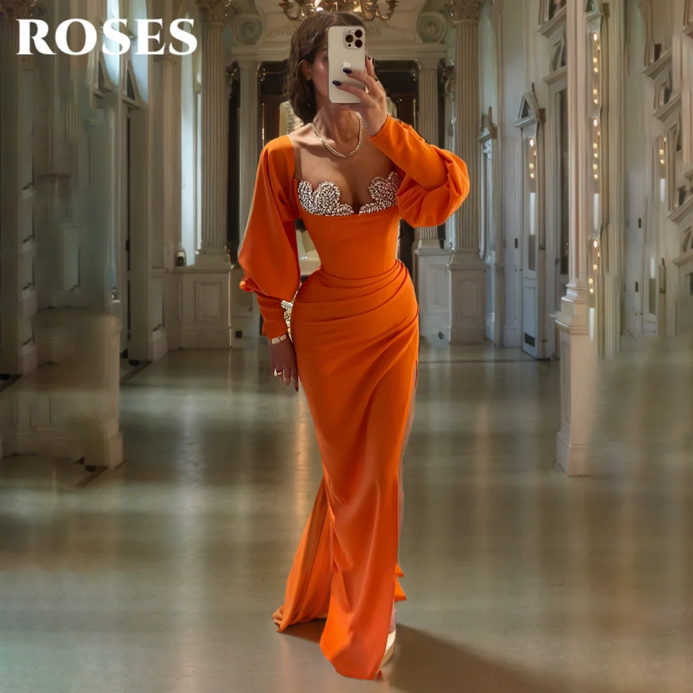 

ROSES Orange Elegant Modern Style Prom Dress Sweetheart Long sleeves Prom Gown Satin Mermaid Evening Dress for Woman Customized