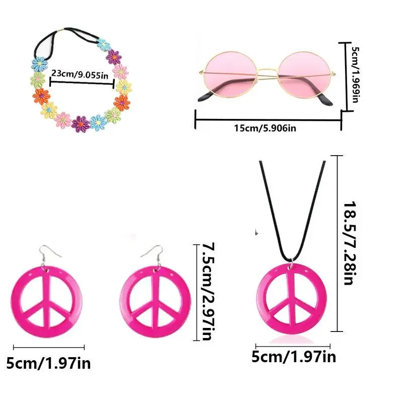 Pesenar Costume Set Includes Peace Sign Necklace and Earrings, Flower Crown Headband and Hippie Sunglasses 70s Accessories