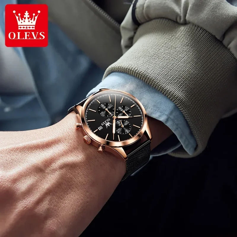 Olevs 2881 reloj para hombre, reloj de pulsera de cuarzo de acero inoxidable de lujo, correa de malla para hombre, cronógrafo luminoso resistente al agua, relojes para hombre c