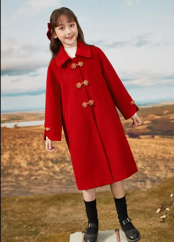 Chinoiserie style Girls woolen coat autumn winter red teen Girl Long Woolen Coat Tweed Overcoat Children Kids Jackets Clothes