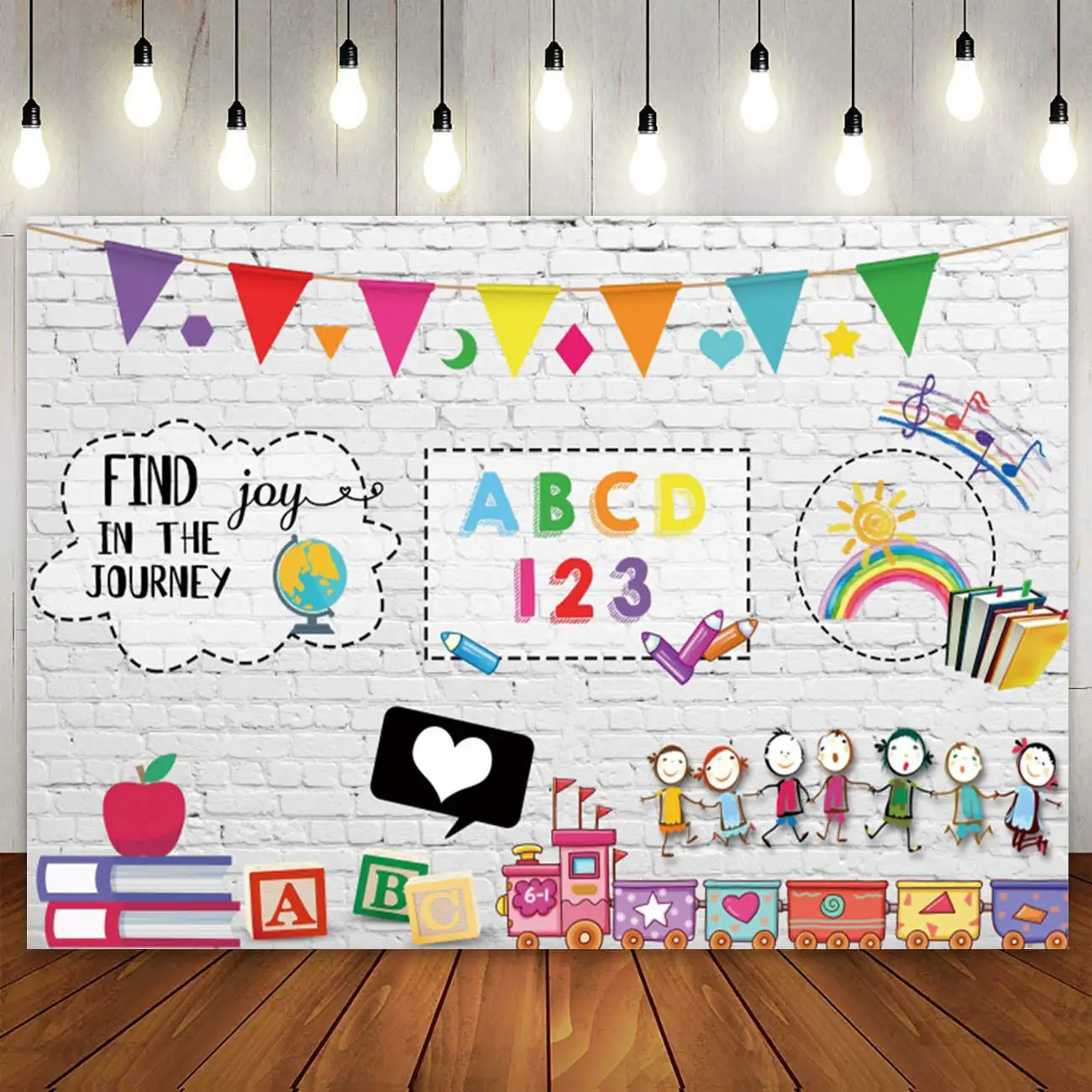 Welcome to School First Day Backdrop Kindergarten Classroom Wood White Brick Wall Blackboard ABC Letter Photography Background