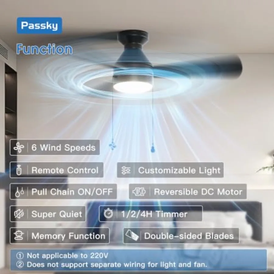 Ceiling Fans with Lights, Low Profile Ceiling Fan with Pull Chain and Remote Control, Flush Mount, Reversible, 5CCT, Dimmable,