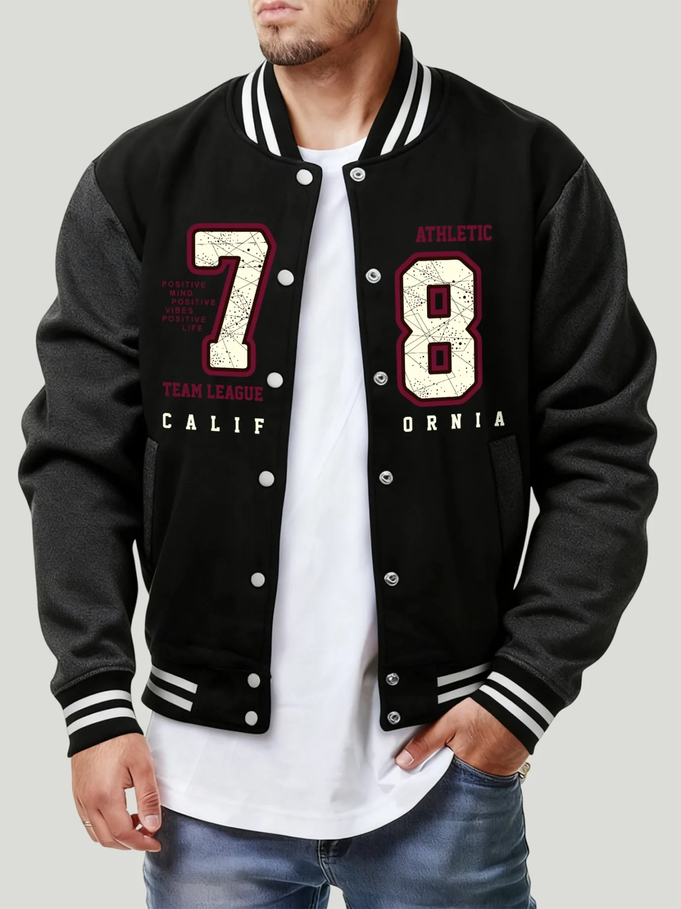 California Athletic Number 78 Print Male Jacket Soft Fleece Baseball Jersey Vintage Casual Sportwear Autumn Fashion Loose Coat