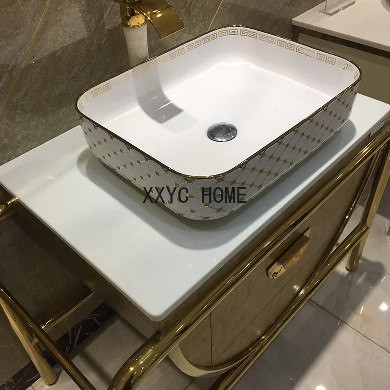 European Entry Lux Luxury Bathroom Cabinet Combination Bathroom Cabinet Washbasin Stainless Steel Marble Washstand