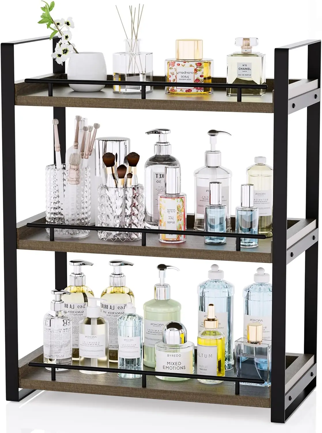 

3-х уровневый деревянный органайзер для стойки с металлическим кронштейном — хранилище для ванной и кухни (темно-коричневый)