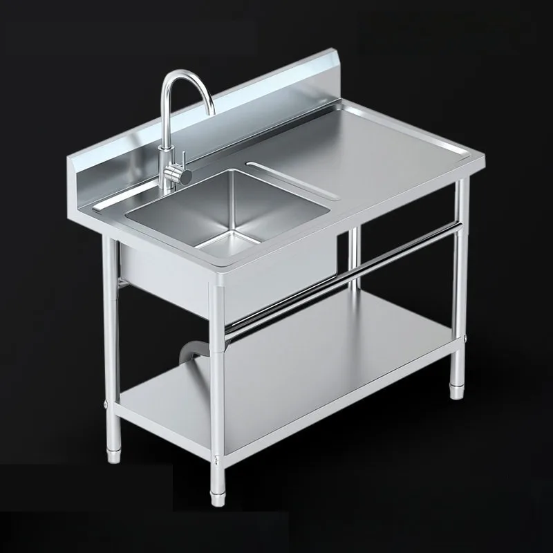 304 Stainless Steel Single Basin Vegetable Washing Sink  with A Support Frame and Storage Layer  for Kitchens and Restaurants