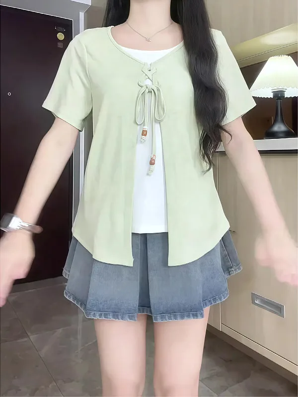 Korean Style Bold Color Block Short Sleeve T-Shirt Women's plus Size Fashion Slimming Trendy Top with Belt Summer Commute Style