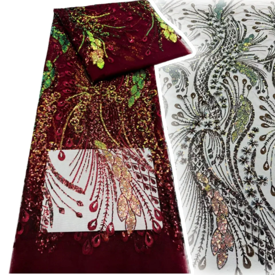

African Beads Groom Tulle Lace Fabric Wine High Quality Sequins Embroidery French Tulle Laces for Nigeiran Party Sewing AA2970