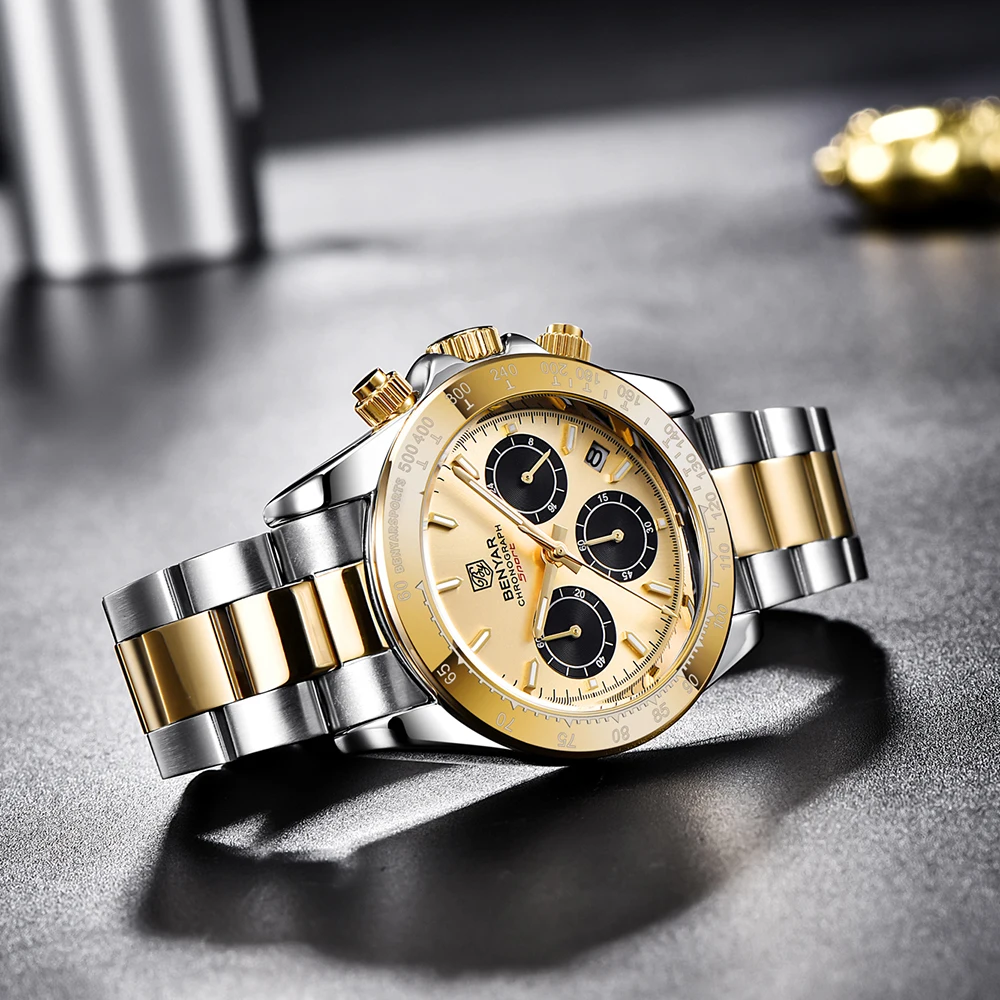 BENYAR ساعة عصرية فاخرة رياضية مضيئة متعددة الوظائف رمز التوقيت ساعة ستانلس ستيل مقاومة للماء عسكرية للرجال