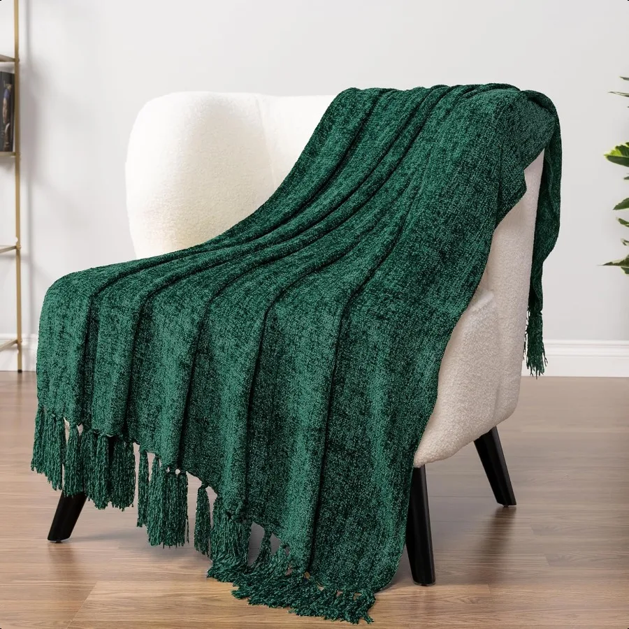 

Emerald Green Chenille Throw Blanket for Couch Sofa Soft Green Knit Throw with Tassel Decorative Blanket for Bed Chair Living R