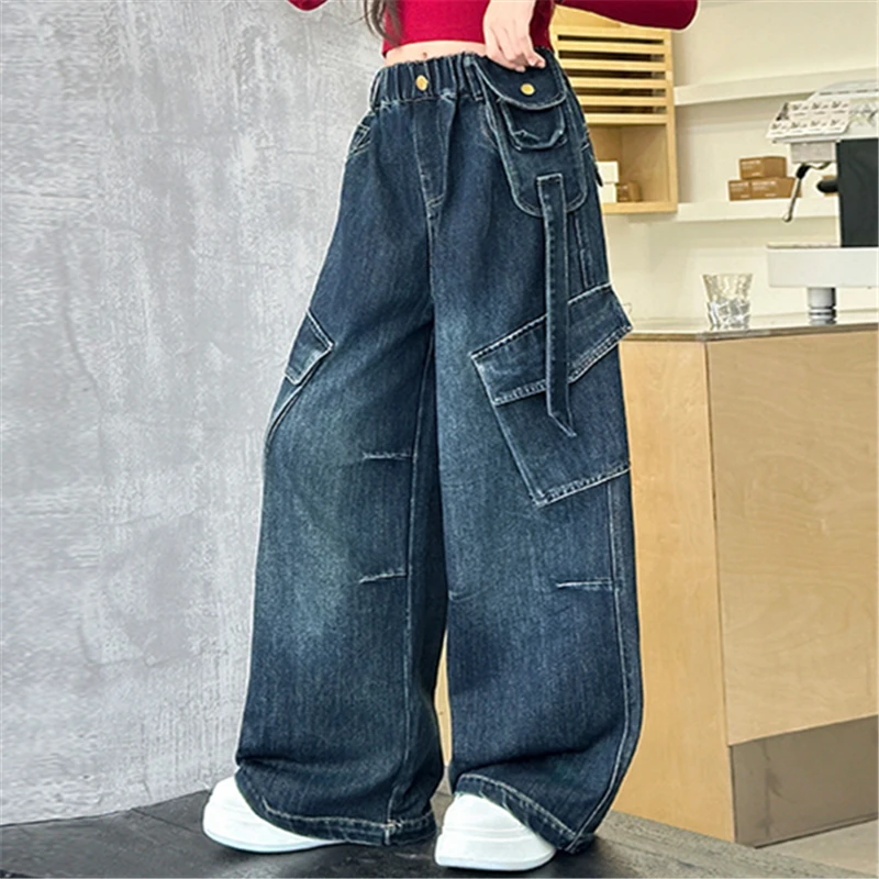 

Children y2k Vintage Washed Cargo Jeans with Pockets for Teens Girl Distressed Denim Pants fashion Casual Kids Loose Trousers