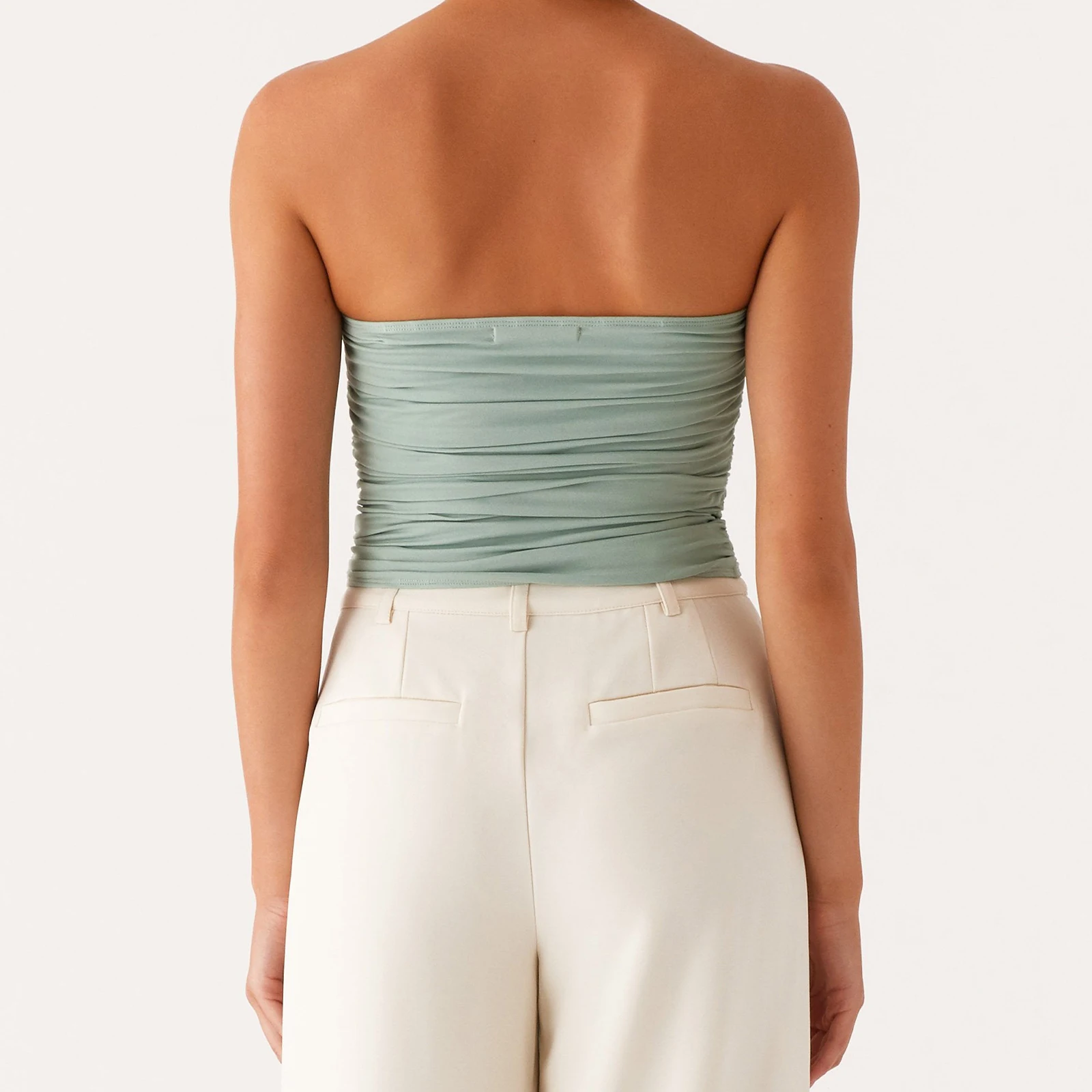 Women's Sexy Ruched Tube Tops Summer Strapless Solid Color Metal Clip Front Bandeau Tops Slim Fit Vest