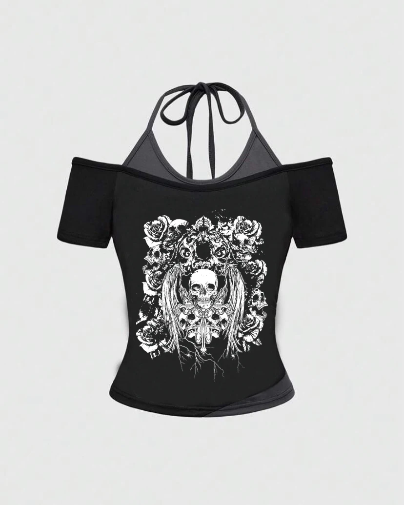 Retro gothic Fake Two-piece Printed T-shirt Women summer Y2K Streetwear Hot Girl Slim Off Shoulder Millennium Harajuku Casual image 3