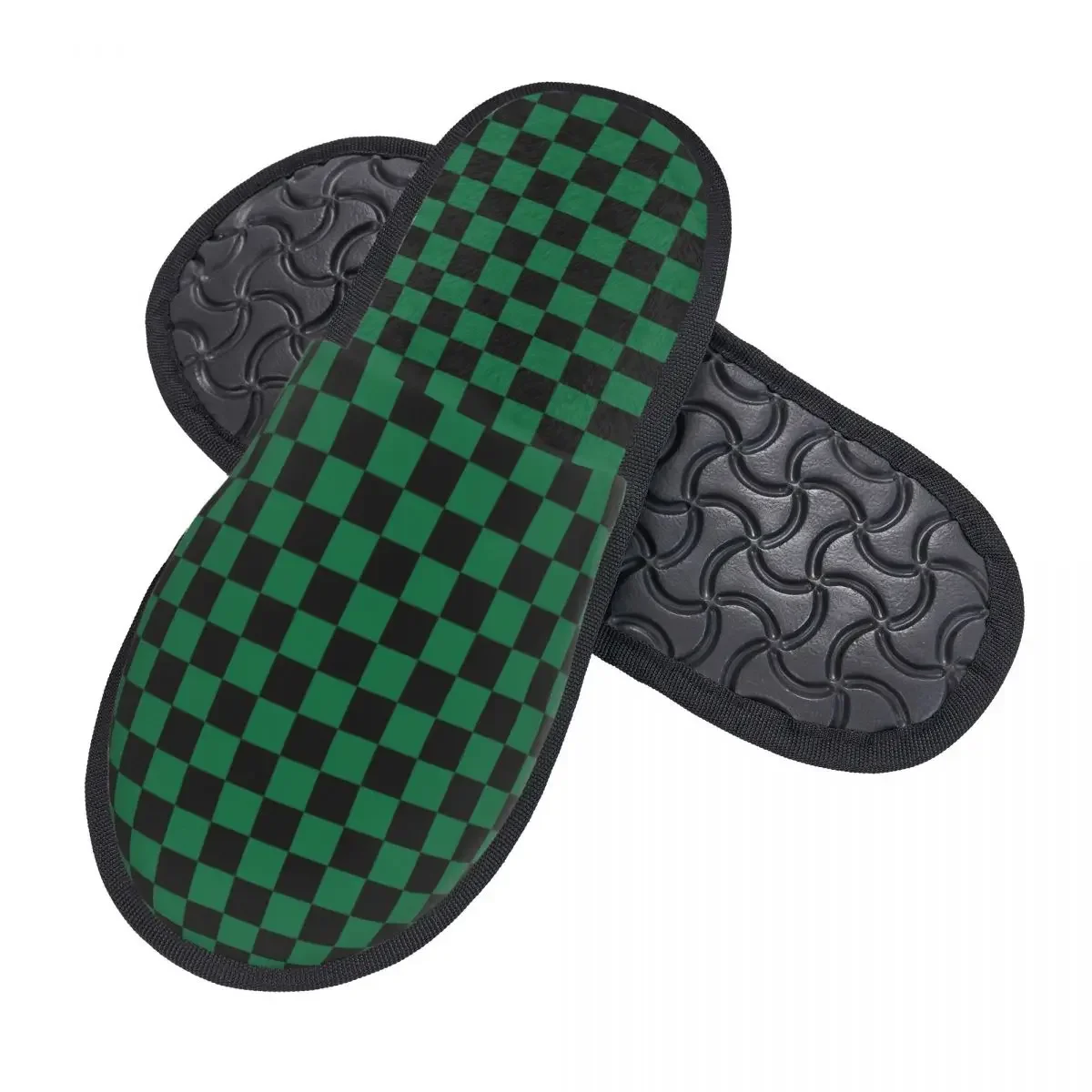 Custom Black And Cadmium Green Checkerboard Memory Foam Slippers Women Cozy Warm Geometric Plaid House Slippers