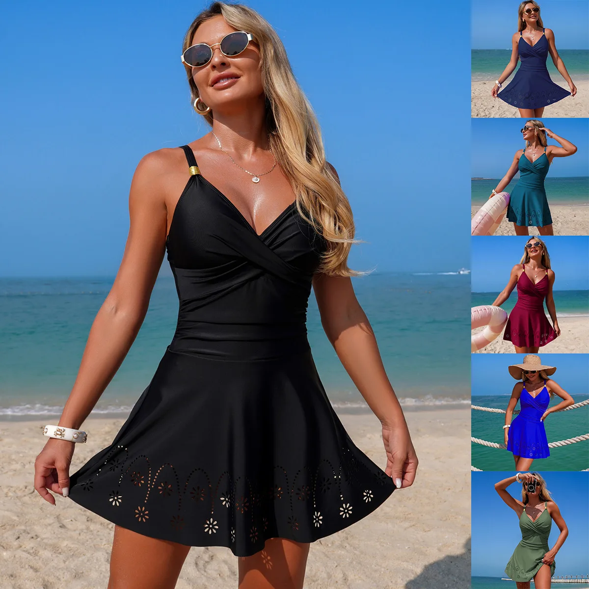 Women's Solid Color Swim Dress One Piece Swimsuit Ruched V Neck Cutout Skirted Bathing Suit Tummy Control Swimwear for Vacation