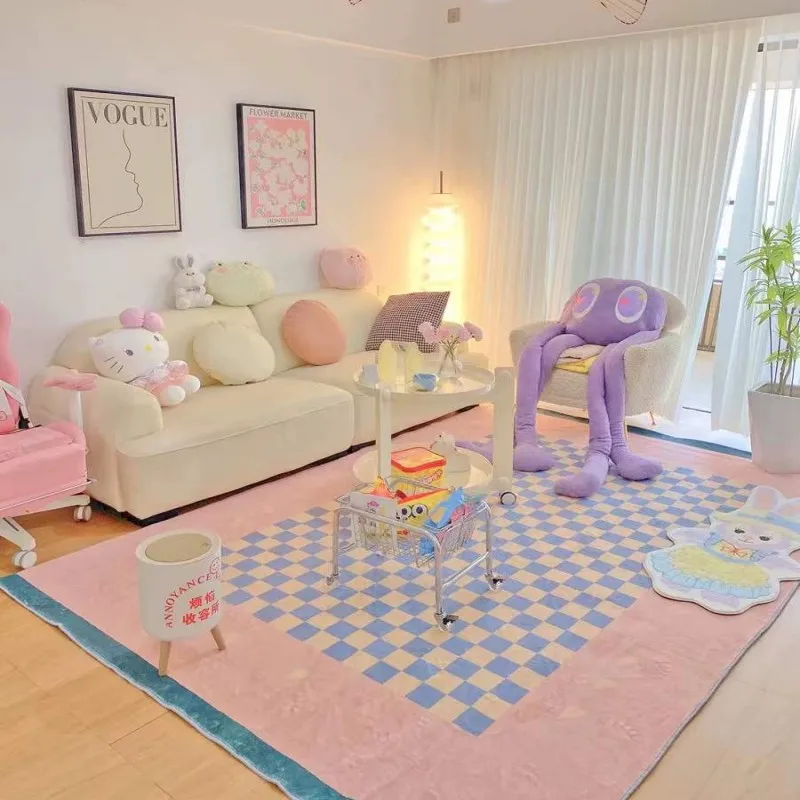 Minimalist Girls Bedroom Decor Bedside Carpet Checkerboard Large Area Carpets for Living Room Thicken Plush Floor Mat Lounge Rug