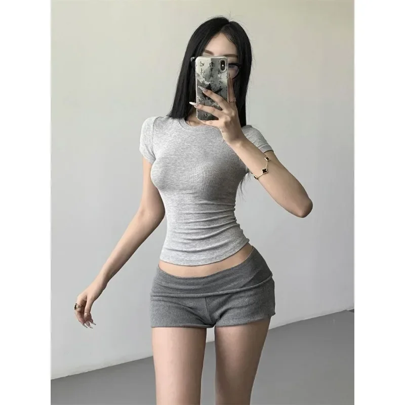 American High Street Hottie Low-rise Shorts Summer New Solid Color Sexy Slim-fit Pants Women's Fashion Sports Bag Hip Shorts