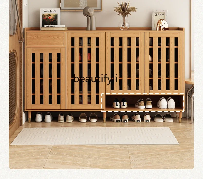 Solid Wood Breathable Shoe Cabinet  Japanese Style Grid Entrance Cabinet Home Doorway Large Capacity Wall-Mounted Nordic Style