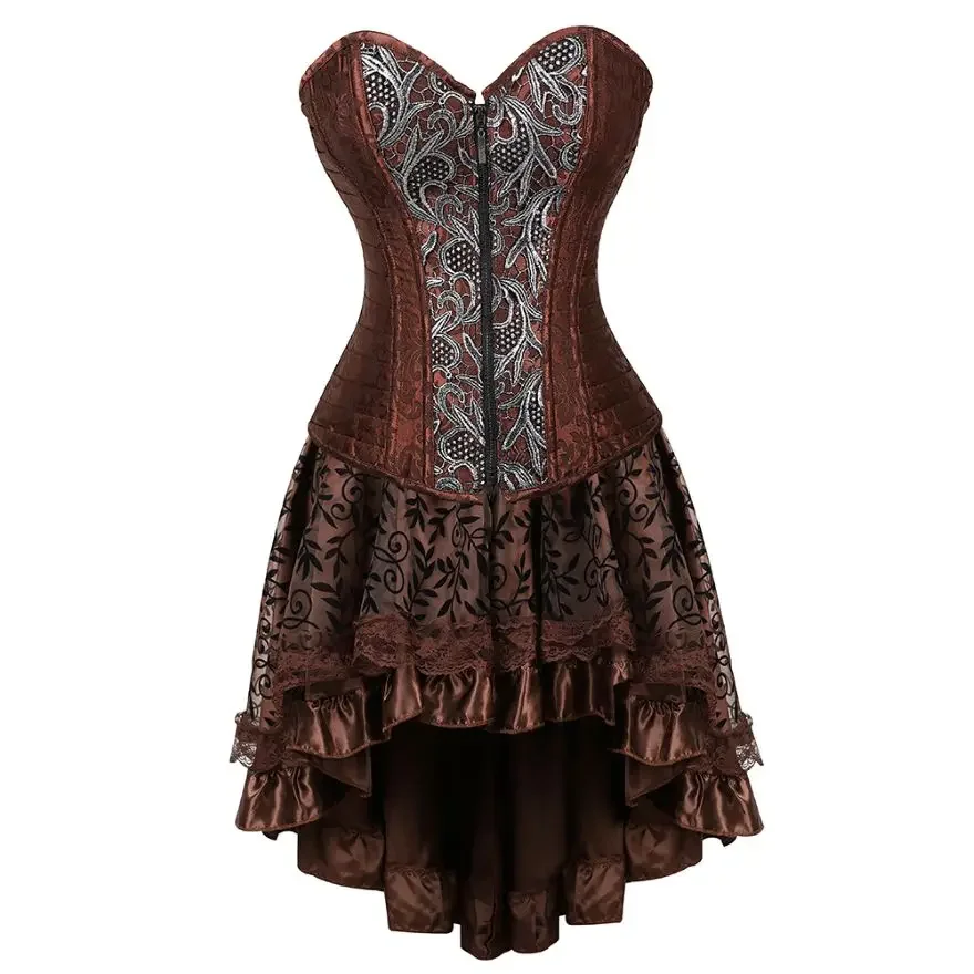 Steampunk Corset Dress Burlesque Overbust Bustier Corselet with Floral Lace Skirt Set Gothic Pirate Costumes for Women Plus Size