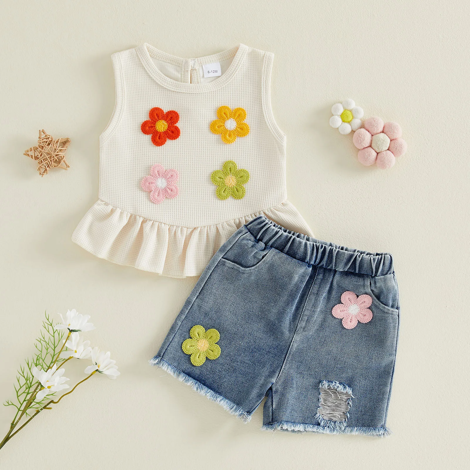 Baby Girls Summer Outfits Floral Strawberry Patch Tank Tops and Ripped Denim Shorts Set Fashion Cute Clothes