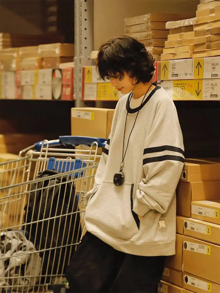 Japanese Retro Kangaroo Pocket Patchwork Color Block Hoodie Unisex Loose Versatile Crew Neck Raglan Sleeve Sweatshirt