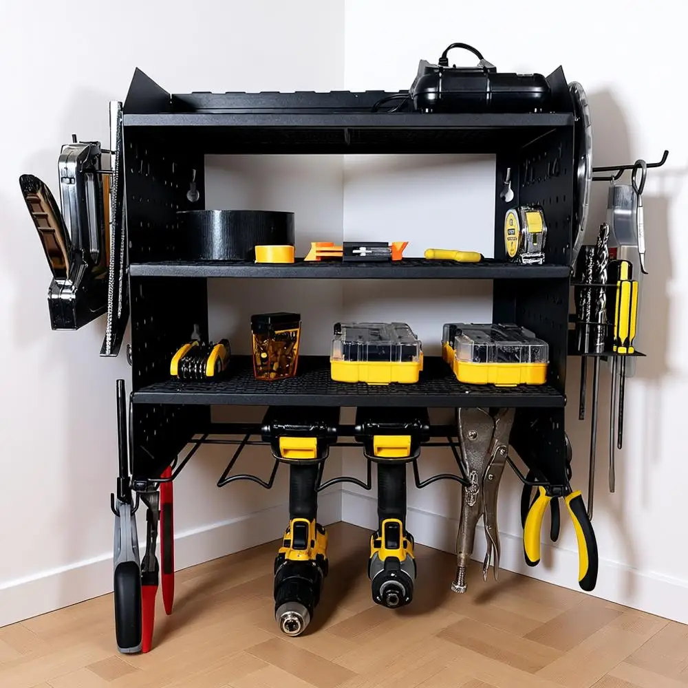 

Ular Pegboard Rack, Power Tool Organizer with Battery Charging Station, Power Strip, 4-Layer Wall Mount Drill Holder