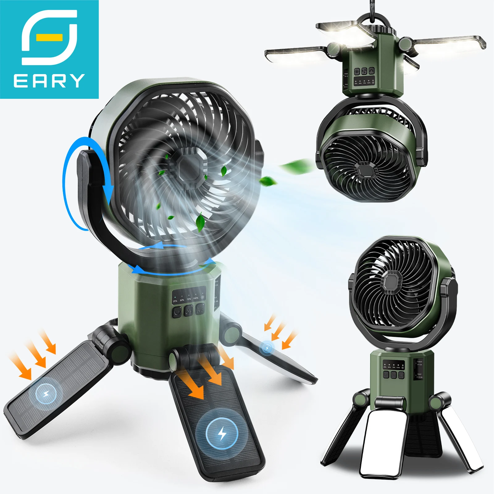 Eary Solar Powered Fan 6000mAh Battery Operated 4 Speed Wind With Led Light Outdoor Tent Fans for Camping Essentials Accessories