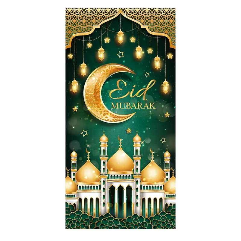 Green And Golden Porch Banner For Home 90x180cm Star Moon Lamp Print Religious Blessings Door Poster Waterproof Polyester