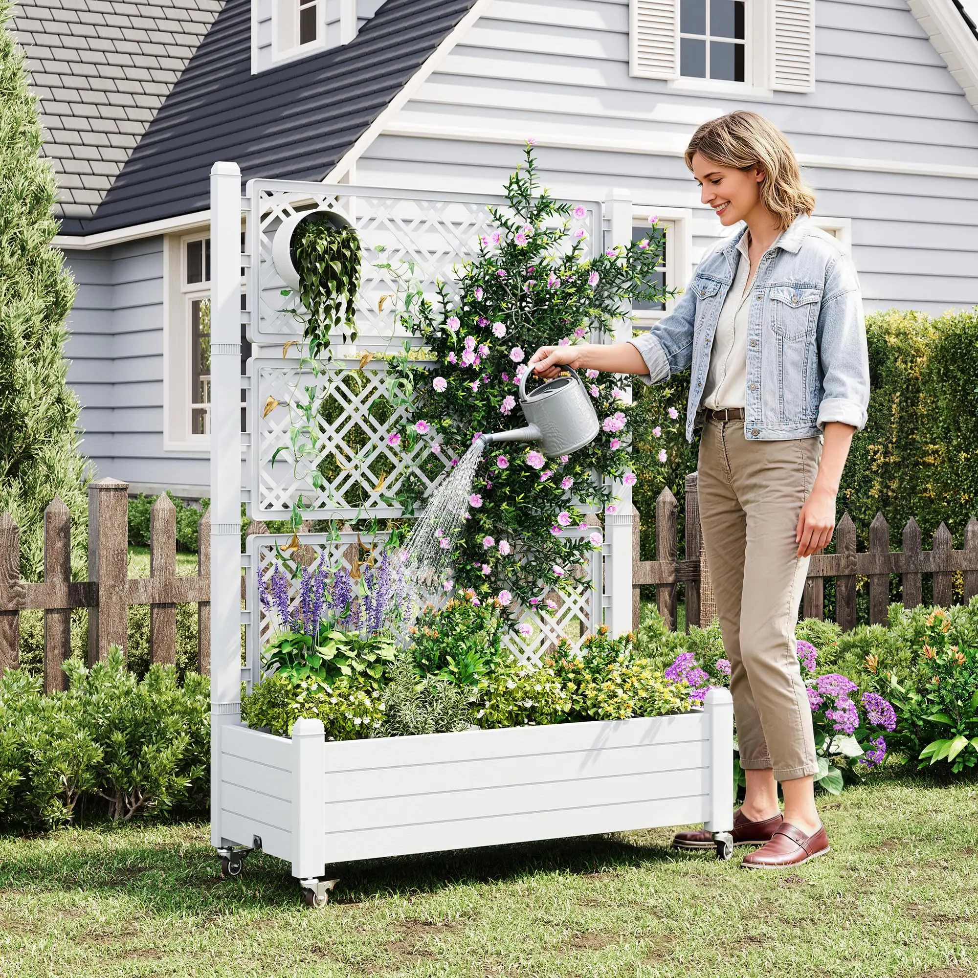 Resin Raised Garden Bed with Trellis and Wheels - Plasitc Planter Box with Trellis Outdoor with Drainage Holes & Water