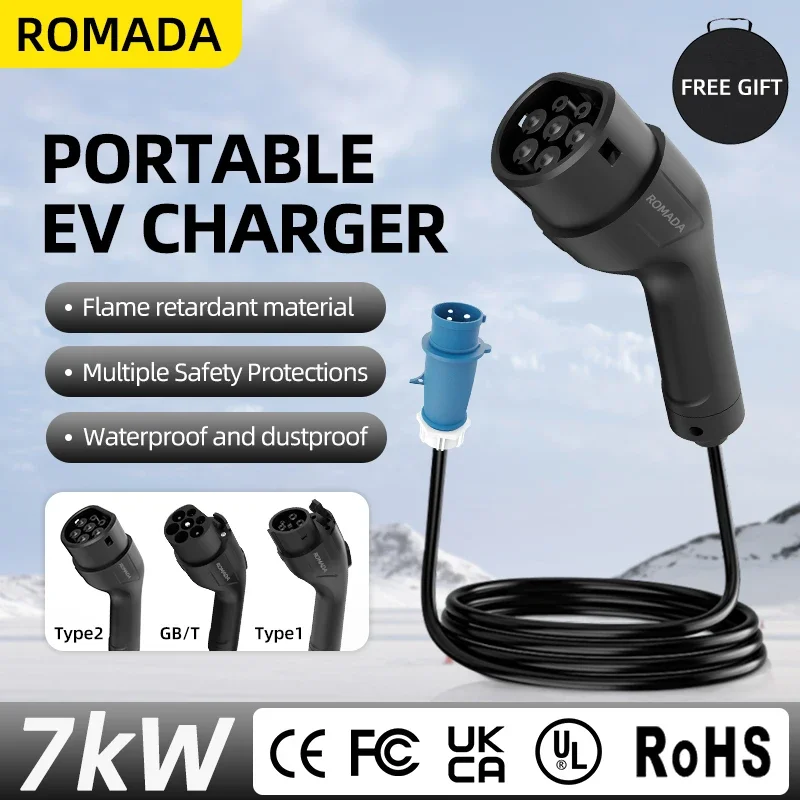 ROMADA 32A 7KW Portable EV Charger Pure Copper CEE Plug Type2 GBT20234 Type1 3M 5M 10M 15M 20M Cable Homeuse CE ROSH